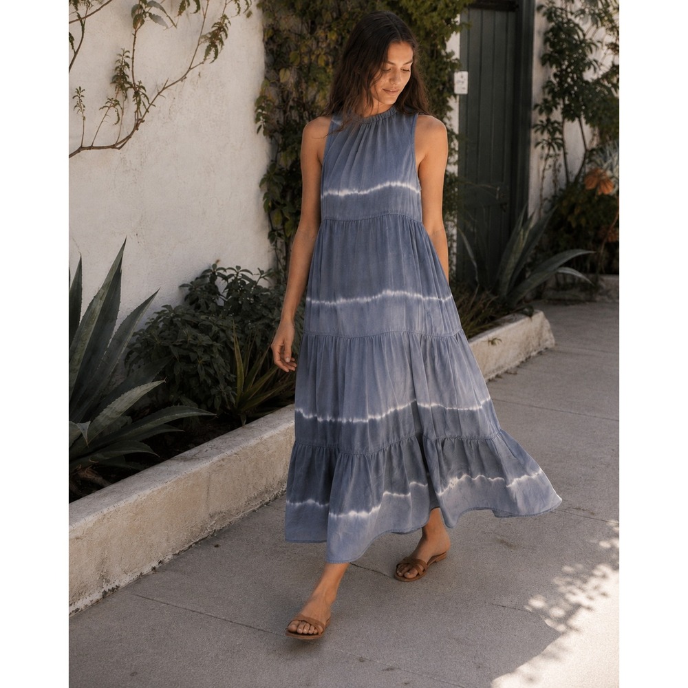Bella Dahl Sleeveless Tiered Tencel Midi Dress Indigo Tie Dye Stripe S